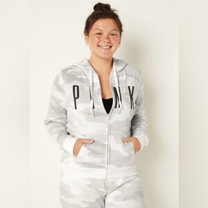 PINK Everyday Lounge Perfect Zip-Up Hoodie Lt Grey Camo Size M